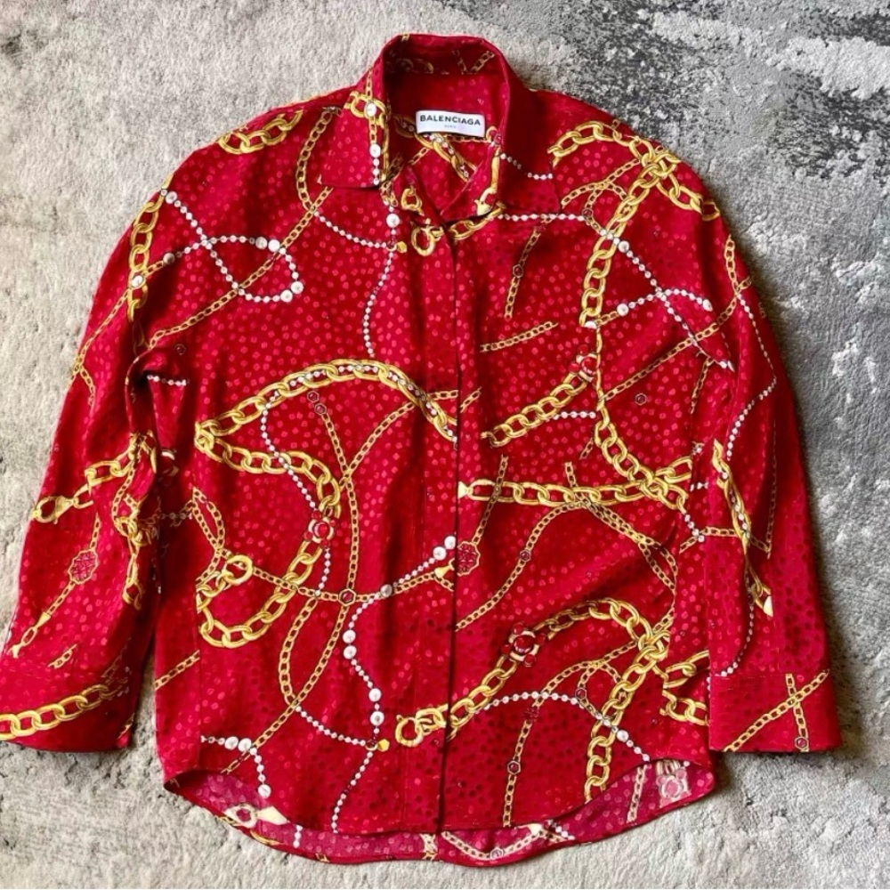 Balenciaga Red and Gold Chain-Print Men's Button-Down silk Shirt